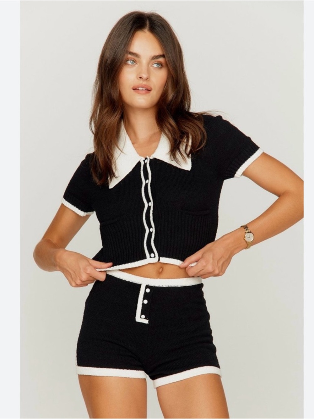 NWT House of Sunny Peggy Knit Cardigan Top Dagger Collar Black White US 2